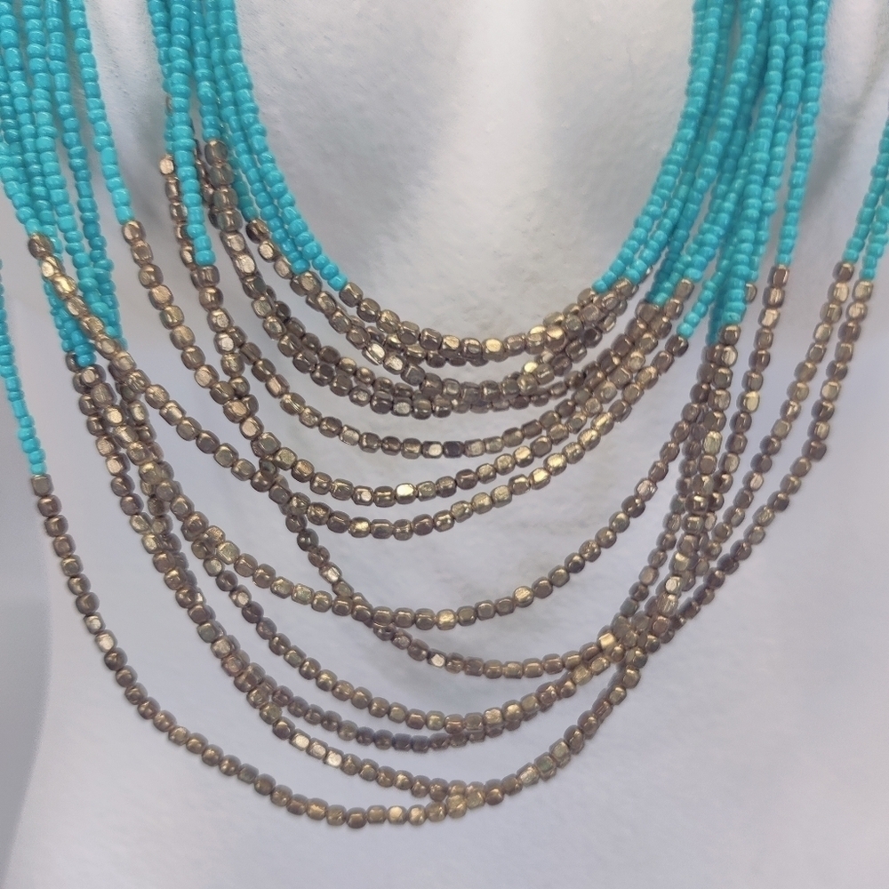 Long Multi Strand Turquoise Blue Glass Bead Necklace w/ Metallic Accents - Picture 2 of 9